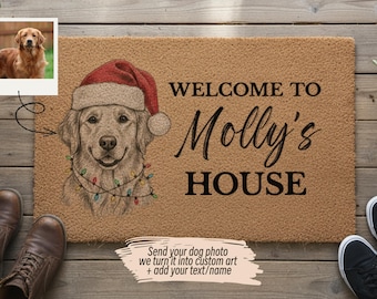 May include: A rectangular doormat with a detailed illustration of a Golden Retriever wearing a Santa hat and string lights. Text reads "WELCOME TO Molly's HOUSE". A small photo of a Golden Retriever is in the upper left corner.