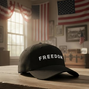 Könnte beinhalten: Eine schwarze Baseballkappe mit dem Wort "FREEDOM" in Weiß gestickt. Die Kappe liegt auf einem Holztisch, im Hintergrund sind amerikanische Flaggen zu sehen. Die Kappe hat einen gebogenen Schirm und eine strukturierte Krone.