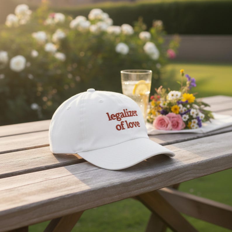 May include: A white baseball cap with the text "legalizer of love" in red script. The hat is sitting on a wooden table, with a glass of water and flowers in the background. The cap has a curved brim.
