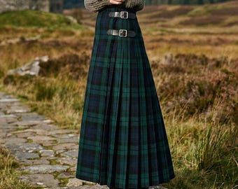 Dames maxi-kiltrok met tartan – geplooide acrylwolomslag, hoog getailleerd met gespriemen, aangepaste lengte, 50+ Schotse ruiten