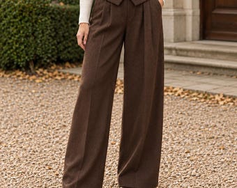 Bruine broek met wijde pijpen, hoge taillebroek, geplooide pantalon, damesbroek met wijde pijpen