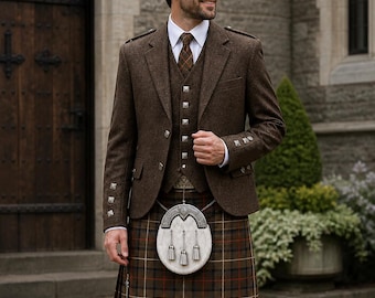 Completo scozzese da uomo in lana Argyll marrone, composto da 9 pezzi - Set tradizionale con kilt da 8 iarde - Oltre 50 tartan disponibili