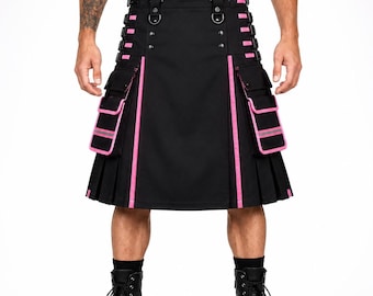 Falda escocesa utilitaria rosa neón para hombre, falda escocesa de trabajo reflectante, falda escocesa utilitaria cargo negra, falda escocesa de seguridad de alta visibilidad, falda escocesa punk