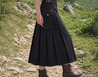 Women's Utility Cargo Kilt Skirt | Long Black Kilt Skirt with Pocket | Gothic Maxi Kilt | Adjustable Buckle Waist | Custom Length