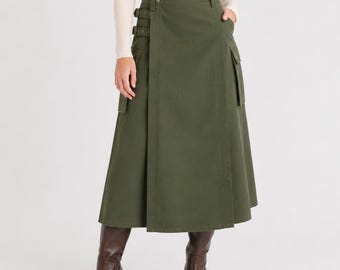 Women's Utility Cargo Kilt Skirt | Long Green Kilt Skirt with Pocket | Gothic Maxi Kilt | Adjustable Buckle Waist | Custom Length
