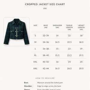 May include: A size chart for a cropped jacket by VELVIAN, featuring a dark green and blue plaid pattern. The chart lists measurements in inches for sizes S through XXL, including bust, shoulder, sleeve length, and jacket length, with instructions.