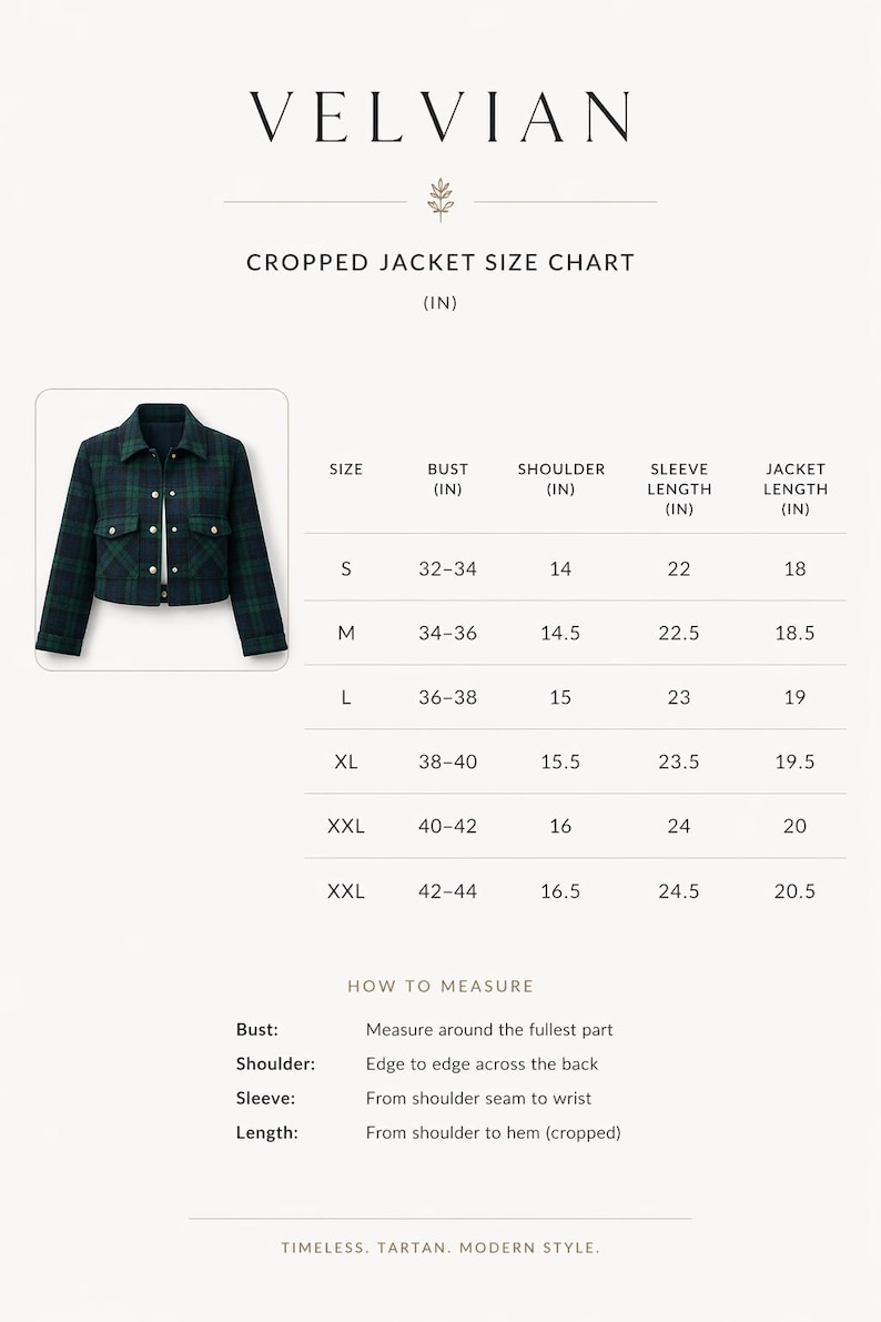May include: A size chart for a cropped jacket by VELVIAN, featuring a dark green and blue plaid pattern. The chart lists measurements in inches for sizes S through XXL, including bust, shoulder, sleeve length, and jacket length, with instructions.