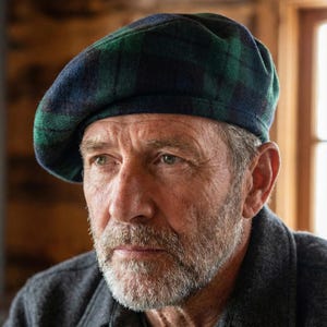 May include: A green and navy blue plaid beret. The beret is made of a soft fabric and has a classic, round shape. The hat is worn by a person.