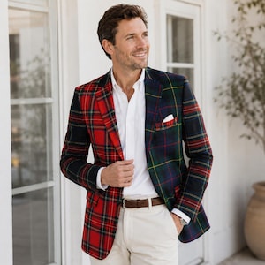 Blazer scozzese patchwork da uomo, giacca sportiva scozzese a quadri, giacca scozzese divisa, blazer elegante per matrimoni, giacca formale delle Highlands