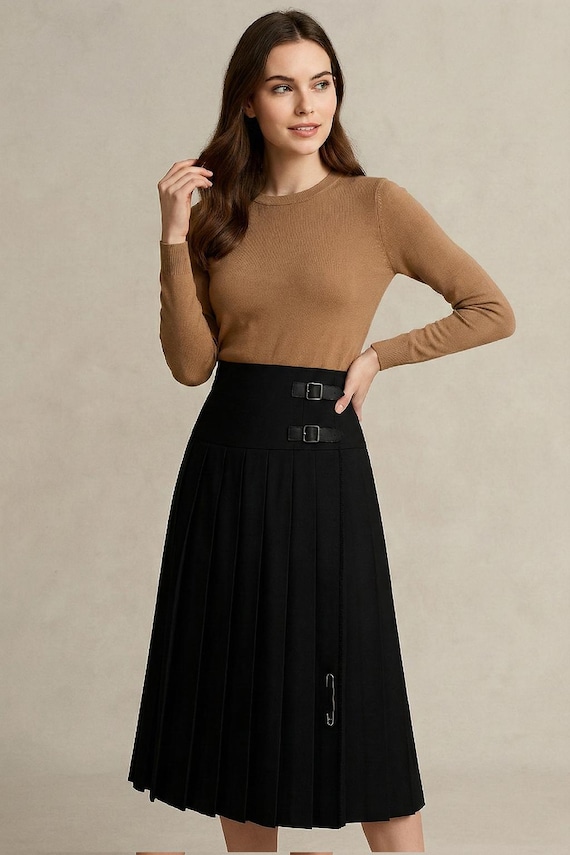 Women’s Pleated Kilt Skirt, Black Wool Kilt for Women, High Waist Midi Kilt, Scottish Style Skirt, Acrylic Wool Kilt in Multiple Colors