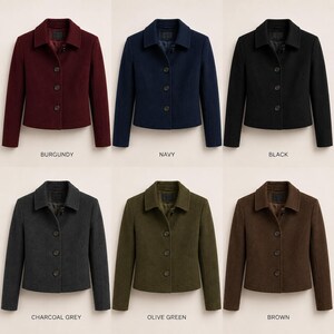 May include: A collection of six cropped jackets with collars and three-button closures, displayed in burgundy, navy, black, charcoal grey, olive green, and brown. Each jacket features long sleeves and a structured fit, labeled by color name below.