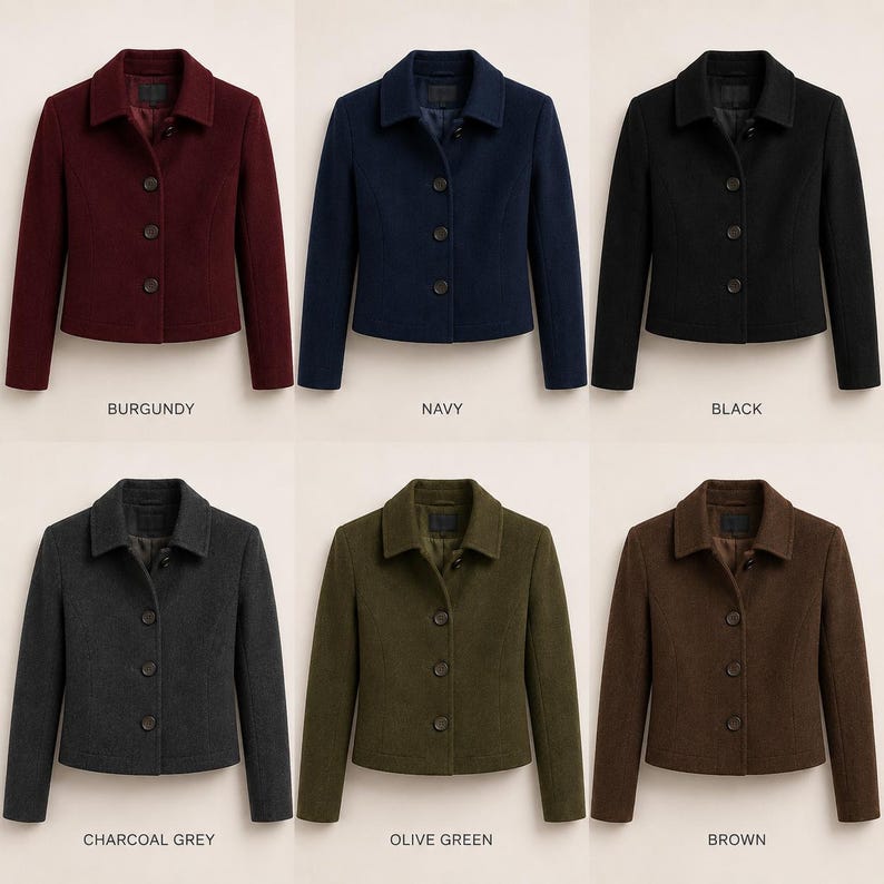 May include: A collection of six cropped jackets with collars and three-button closures, displayed in burgundy, navy, black, charcoal grey, olive green, and brown. Each jacket features long sleeves and a structured fit, labeled by color name below.