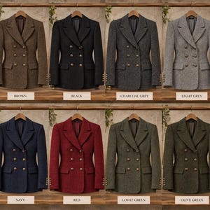 May include: A collection of eight double-breasted blazers in brown, black, charcoal grey, light grey, navy, red, lovat green, and olive green. Each blazer features a notched lapel, two rows of buttons, two flap pockets, and four buttons on the cuffs.