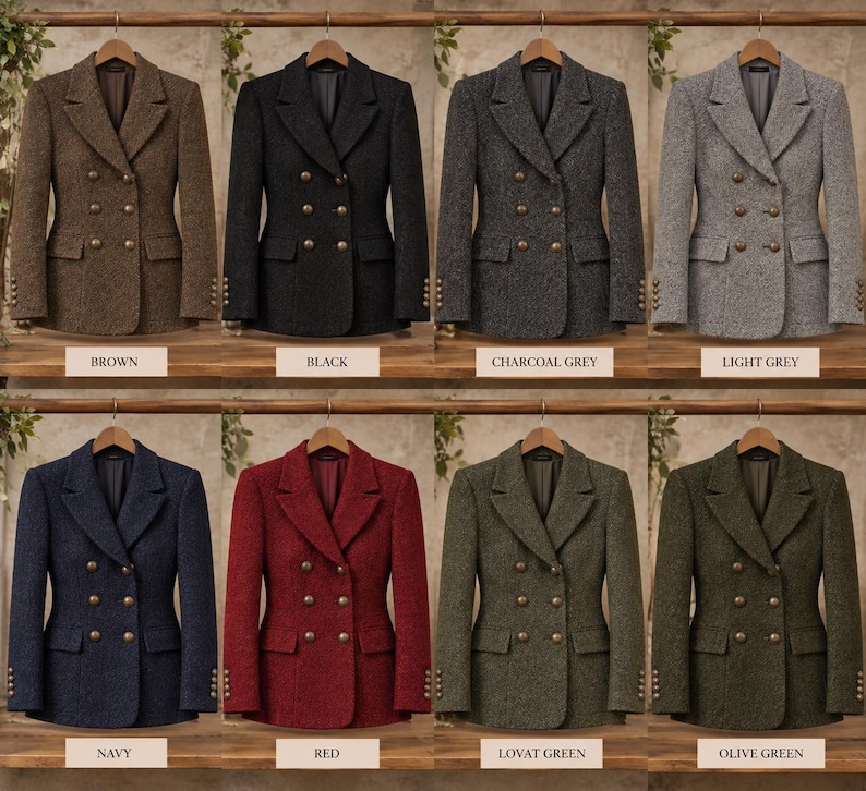 May include: A collection of eight double-breasted blazers in brown, black, charcoal grey, light grey, navy, red, lovat green, and olive green. Each blazer features a notched lapel, two rows of buttons, two flap pockets, and four buttons on the cuffs.