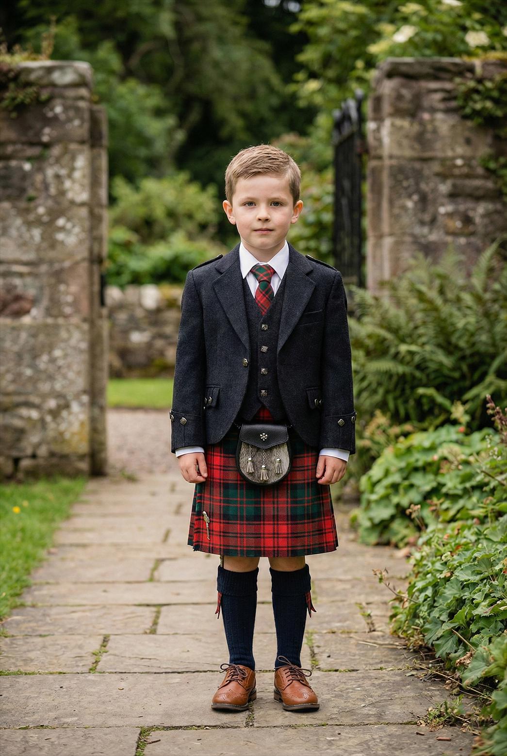 Boys Scottish Kilt Outfit Set, Kids Highland Dress with Jacket Vest Tie & Sporran, Formal Wedding Tartan Kilt Suit