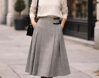 Wool Kilt Style Midi Skirt for Women | Grey Pleated Skirt with Buckles | Scottish Inspired A Line Skirt | Fall Winter Skirt