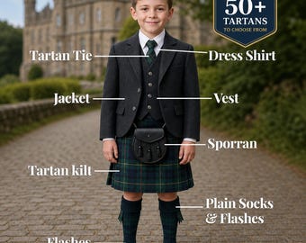 Kids 7 Pieces Jacket Kilt Outfit Charcoal Grey Wool Jacket & Vest Scottish Boys Highland Wedding kilt Set Available in 50+ Tartans