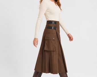 Women's Utility Cargo Kilt Skirt | Long Brown Kilt Skirt with Pocket | Gothic Maxi Kilt | Adjustable Buckle Waist | Custom Length