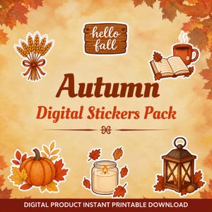 Può includere: Un pacchetto di adesivi digitali autunnali con illustrazioni di grano, un cartello in legno con la scritta hello fall, un libro aperto con una tazza, una zucca, una candela e una lanterna. Il testo recita Autumn Digital Stickers Pack.