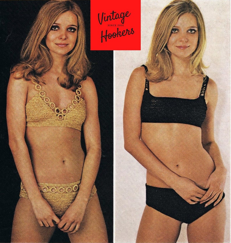 Crochet Tiny Bikinis with Two Top & Two Bottom Options   Chest 32-36'  Hip 34-38'  Vintage Crochet  Pattern  Retro Beach Wear 