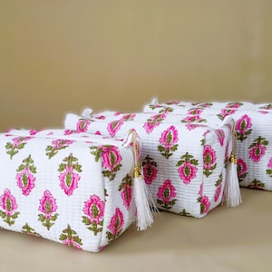Hand Block Printed Cotton Travel Pouch Set |Quilted Cosmetic Bag |