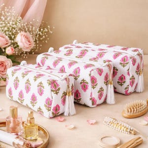 Hand Block Printed Cotton Travel Pouch Set | Quilted Cosmetic Bags
