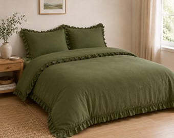 Stonewashed Moss Green Ruffle Cotton Linen Duvet Cover Set, Light Purple Bedding Bundle, 3 Pcs