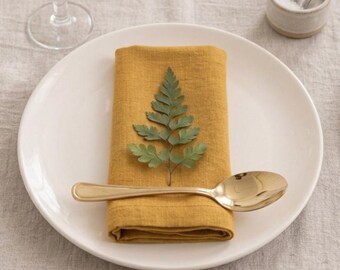 Servilletas de algodón lavado a la piedra, decoración de mesa estilo boho mostaza, juego hecho a mano