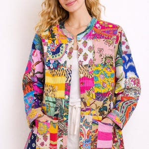 Chaqueta acolchada de algodón con patchwork, reversible, con estampado a mano, regalo para ella