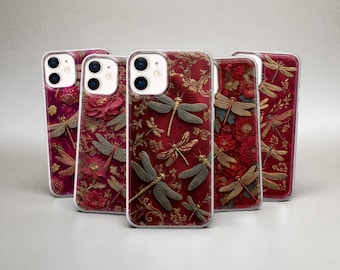 Crimson Dragonfly Phone Case Boho Red Velvet Cover for iPhone 17 Pro Max, 16 15 14 13 12 & Samsung S25 Fe S24 S23 A17 A56, A16 A36, Pixel 10