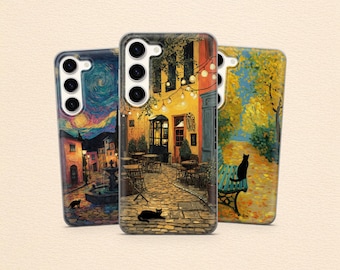 Van Gogh Cat Phone Case Painting Parody Cover for Samsung S25 Fe S24 Ultra S23 A17 A56 A55 A16 A36 & iPhone 17 Pro Max, 16 15 14, Pixel 10 9