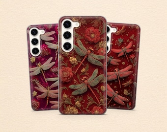 Dragon Fly Phone Case Floral Red Velvet Cover for Samsung S25 Fe S24 S23 A17 A56 A55 A16 A36 & iPhone 17 Pro Max, 16 15 14, Pixel 9 8Pro