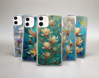 Magnolia Floral Pearl Phone Case Stained Glass Cover for iPhone 17 Pro Max 16 15 14 13 12 & Samsung S25 Fe S24 S23 A17 A56 A16 A36 Pixel 10