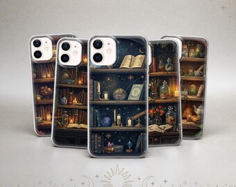 Funda para móvil con diseño de estantería, ideal para amantes de los libros. Compatible con iPhone 17 Pro, 16, 15, 14, 13, 12 y Samsung S25, S23, A56 y Pixel 10. Estilo Dark Academia con un toque de brujería.