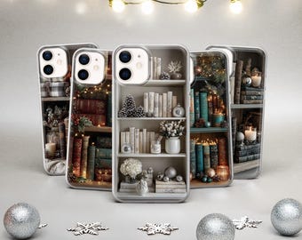 Christmas Bookshelf Phone Case Winter Holiday Cover for iPhone 17 Pro Max, 16 15 14 13 12 & Samsung S25 Fe S24 A17 A56 A16 A36 Pixel 10 9A 7