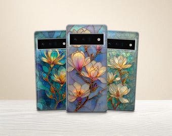 Blue Floral Mosaic Phone Case Stained Glass Magnolia Cover for Pixel 10 Pro XL 9 8 7A & iPhone 17 Pro 16 15 14 13, Samsung S25Fe A17 A56 A16