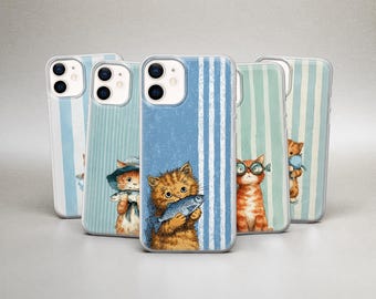 Blue White Stripe Phone Case Funny Cat and Fish Cover for iPhone 17 Pro 16 15 14 13 12 & Samsung S25 S24 S23 A17 A56 A16 A36 Pixel 10 Pro