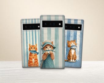 Orange Cat and Fish Phone Case Blue White Stripe Cover for Pixel 10 Pro XL 9 8 7A & iPhone 17 Pro Max 16 15 14 13 Samsung S25 Fe A17 A56 A16