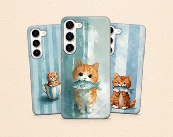 Sweet Cat Phone Case Ginger Kitty and Fish Cover for Samsung S25 Fe S24 S23 A17 A56 A55 A16 A36 & iPhone 17 Pro 16 15 14, Pixel 10 9 8Pro