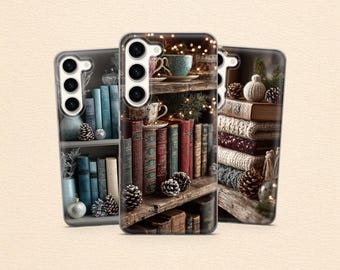 Cozy Christmas Phone Case Winter Bookshelf Cover for Samsung S25 Fe, S24 S23 A17 A56 A55 A16 A36 & iPhone 17 Pro Max, 16 15 14, Pixel 9 8 6A