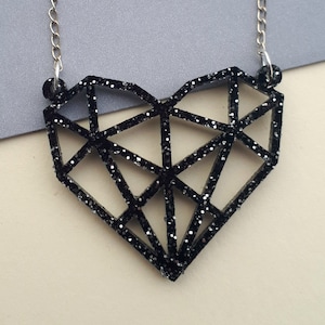 Black Glitter Geo Heart Necklace ~ Geometric Laser Cut Acrylic ~ Perspex Scene Pendant