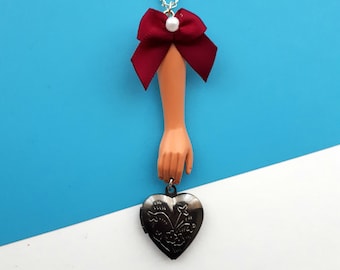 Barbie Arm Heart Locket Necklace: Upcycled Pendant
