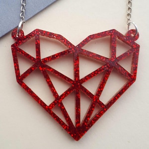 Red Glitter Geo Heart Necklace ~ Geometric Laser Cut Acrylic ~ Perspex Scene Pendant