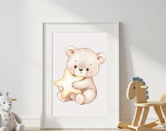 Kawaii Bär Stern Poster Druck: Pastellfarbenes Kinderzimmer Dekor (Digitaler Download)