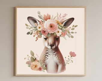 Känguru Kinderzimmer Bild, Baby Tier Blumenkrone (Digitaler Download)