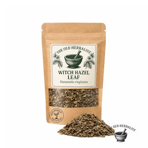 May include: A brown paper pouch containing dried witch hazel leaf, labelled The Old Herbalist with a mortar and pestle graphic. A pile of the dried leaves sits in front of the pouch, accompanied by a small mortar and pestle icon.