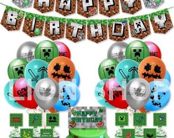 Pixel Video Game kid's birthday party supplies banner balloon set decoration
