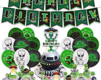 Aliens Galaxy Spaceship birthday party supplies banner balloon set decoration