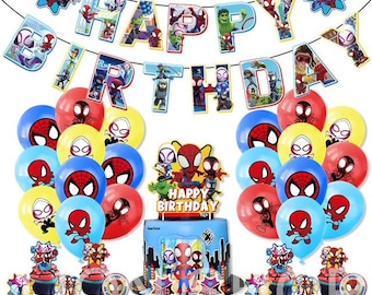 Conjunto de decoración de globos y pancartas para fiestas de cumpleaños de Spidey y sus amigos.