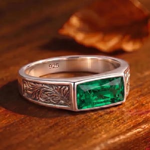 Herren Smaragd Ring, 925 Sterling Silber, Blatt Design Siegelring Geschenk für Männer